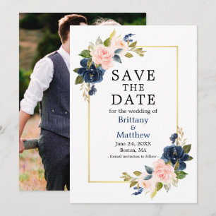 Save The Date Aquarelle rose Roses Marine Bleu Photo Or Cadre