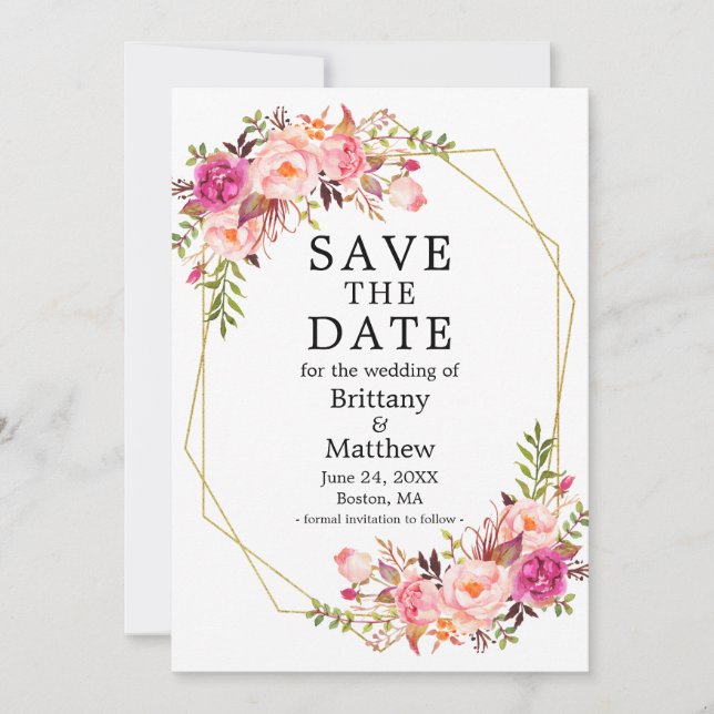 Save The Date Aquarelle Rose Roses Or Cadre Geo Enregistrer La D (Devant)