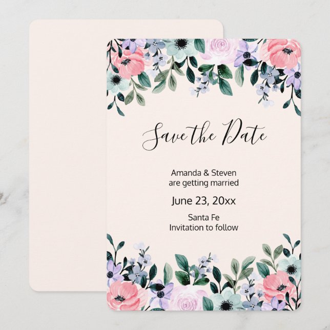 Save The Date Aquarelle rose violet vert à la frontière florale (Devant / Derrière)