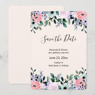 Save The Date Aquarelle rose violet vert à la frontière florale