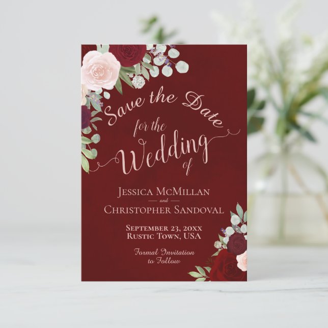 Save The Date Aquarelle rouge de Bourgogne profonde Mariage flor (Debout devant)