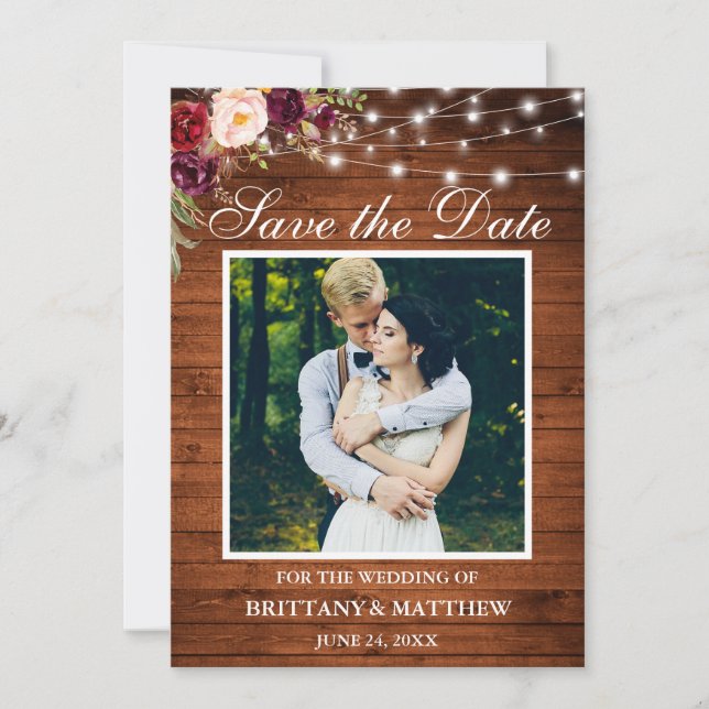 Save The Date Aquarelle Russe Bois Bourgogne Lumières Florales (Devant)