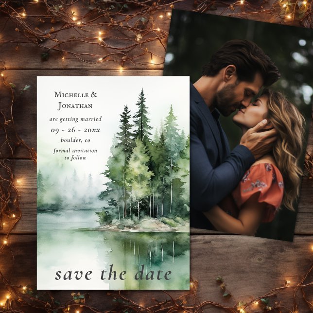 Save The Date Aquarelle Rustic Lake Woodland Mariage photo (Watercolor Rustic Lake Woodland Photo Wedding Save The Date)