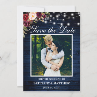 Save The Date Aquarelle Rustique Bleu Bois Bourgogne Lumières Fl