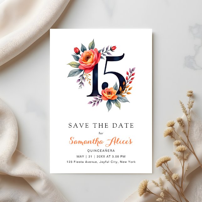 Save The Date Aquarelle rustique Floral 15e anniversaire Quincea (Créateur téléchargé)