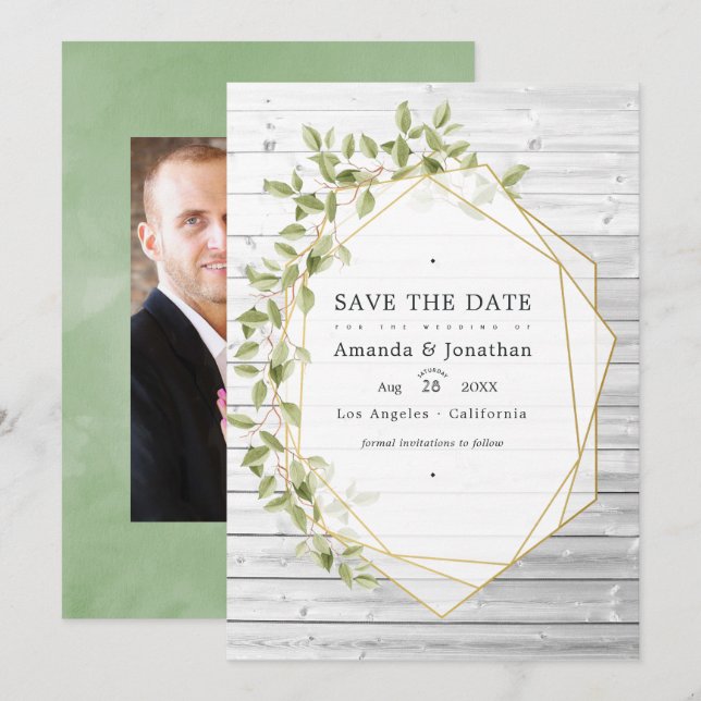 Save The Date Aquarelle rustique Vert Mariage géométrique (Devant / Derrière)