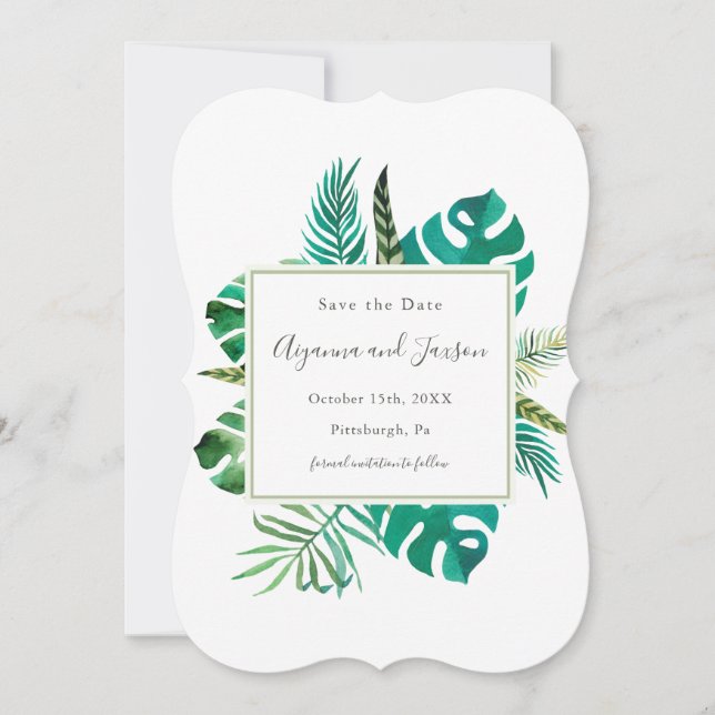 Save The Date Aquarelle simple Feuille tropical Mariage (Devant)
