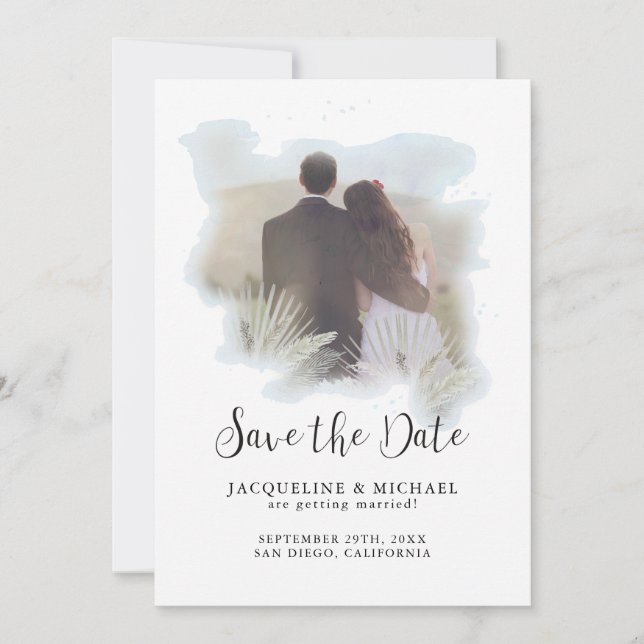 Save The Date Aquarelle simple Script moderne Palm Photo Bleu (Devant)
