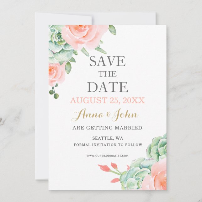 Save The Date Aquarelle Succulent Blush Floral Élégant Mariage (Devant)