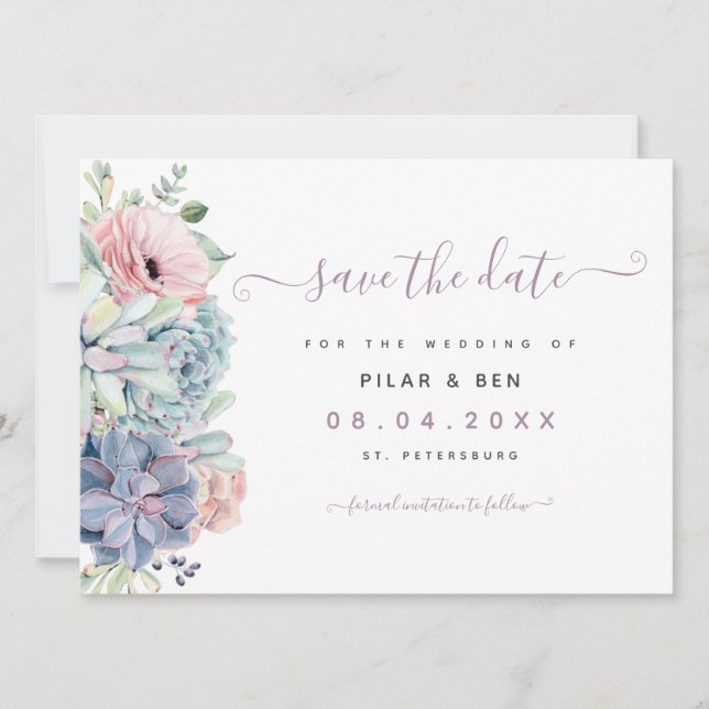 Save The Date Aquarelle succulente moderne mariage floral (Devant)