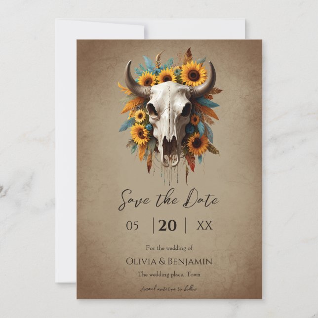 Save The Date Aquarelle Tournesol plumes Vache Mariage crâne (Devant)