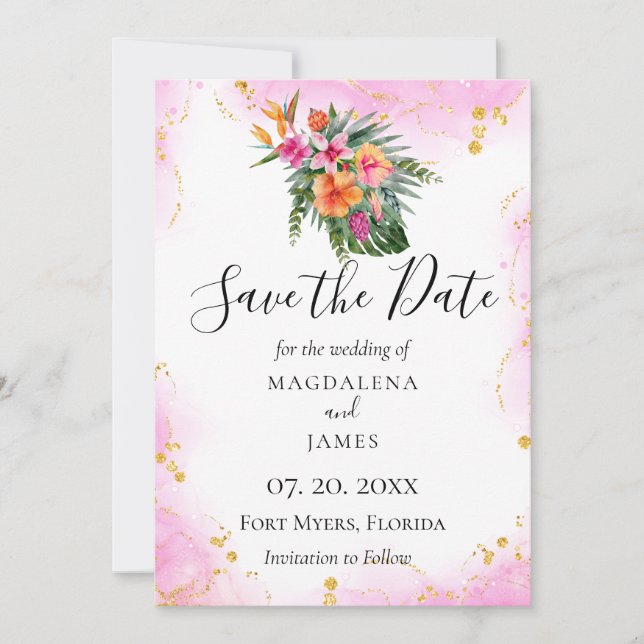 Save The Date Aquarelle Tropical Floral Destination Photo (Devant)