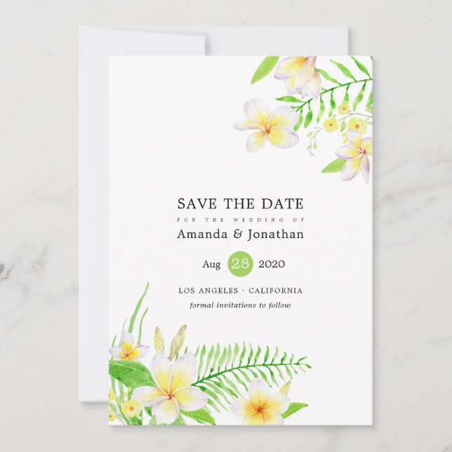 Save The Date Aquarelle tropicale Frangipani Mariage floral (Devant)