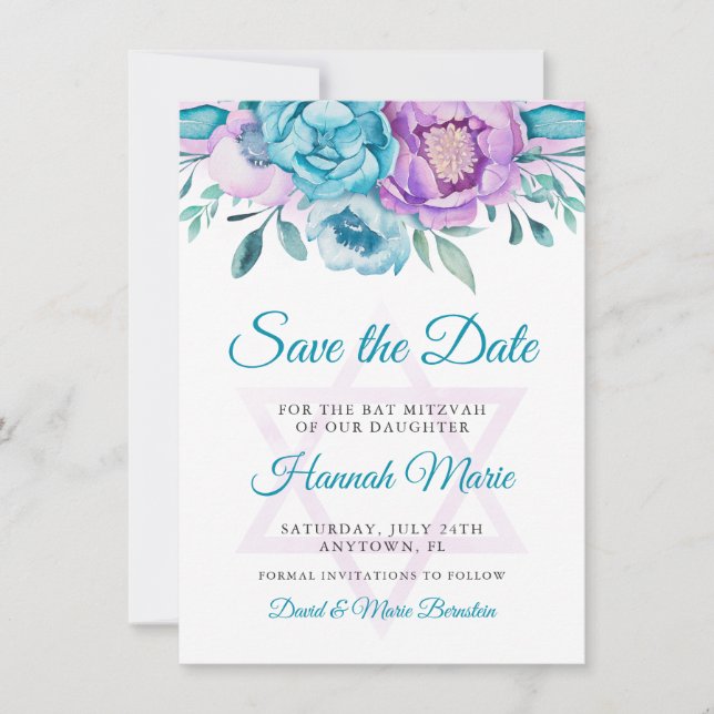 Save The Date Aquarelle Turquoise violet Bat mitzvah floral (Devant)