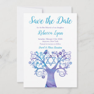 Save The Date Aquarelle Turquoise violette Arbre Bat mitzvah de 