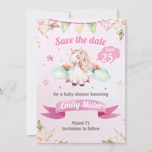 Save The Date Aquarelle Unicorn rose Enregistrer la date (Devant)
