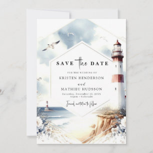 Save The Date Aquarelle unique Waves Lighthouse Mariage