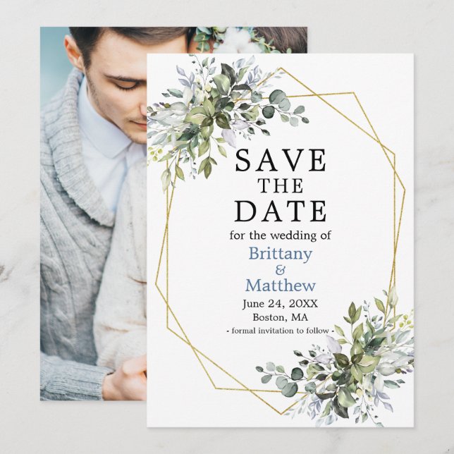 Save The Date Aquarelle Verdure Dusty Blue Photo Geo Frame (Devant / Derrière)