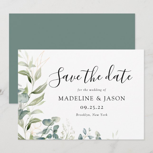 Save The Date Aquarelle Verdure Eucalyptus Mariage or (Devant / Derrière)