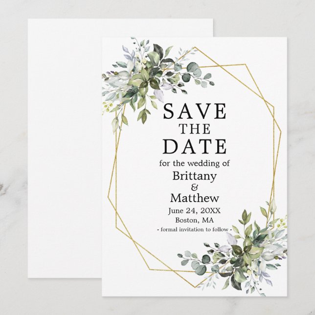 Save The Date Aquarelle Verdure Or Cadre géométrique (Devant / Derrière)