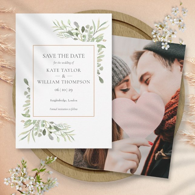 Save The Date Aquarelle Verdure Or Mariage photo géométrique (Watercolor Greenery Gold Geometric Photo Wedding Save The Date)