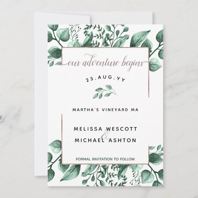 Save The Date Aquarelle Vert Cuivre Moderne Élégant #Mariage (Devant)