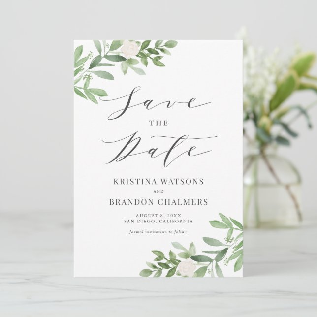Save The Date Aquarelle Vert et Fleurs blanches Gris (Debout devant)