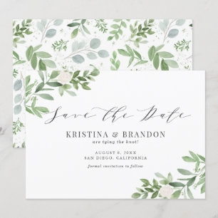 Save The Date Aquarelle Vert et Fleurs blanches Mariage Gris