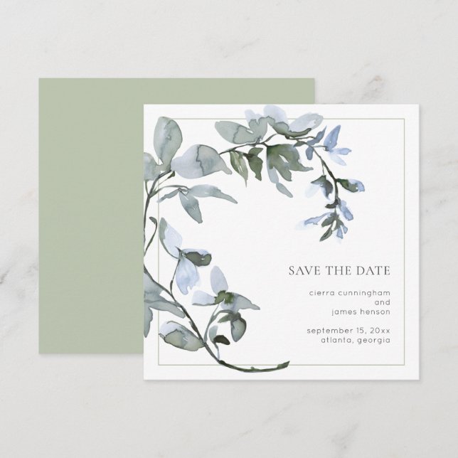 Save The Date Aquarelle Vert Floral Bleu Enregistrer La Date (Devant / Derrière)