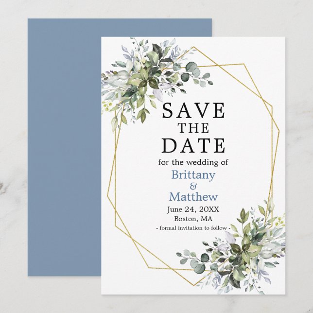 Save The Date Aquarelle Vert Or Geo Cadre Dusty Blue (Devant / Derrière)