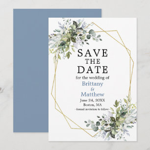 Save The Date Aquarelle Vert Or Geo Cadre Dusty Blue