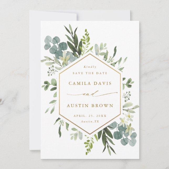 Save The Date Aquarelle Vert or Hexagon Mariage Photo (Devant)
