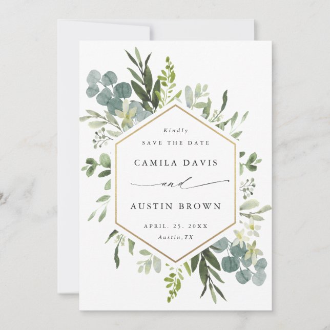 Save The Date Aquarelle Vert or Hexagon Mariage Photo (Devant)