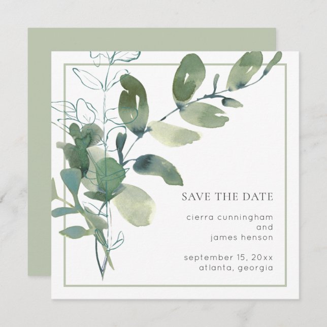 Save The Date Aquarelle verte Mariage minimal (Devant / Derrière)