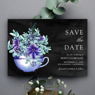 Save The Date Aquarelle violet Anémones Tea Cup Mariage noir