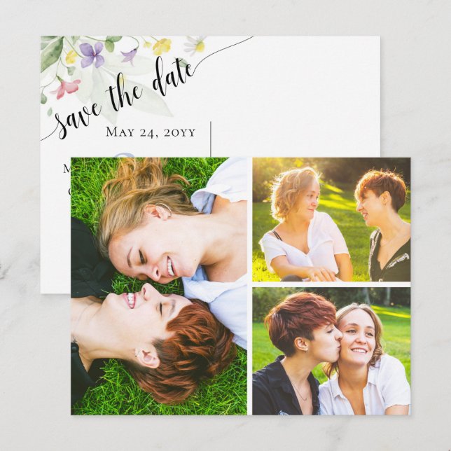 Save the Date Aquarellfarben-Wildblumen 3-Foto Postkarte (Vorne/Hinten)