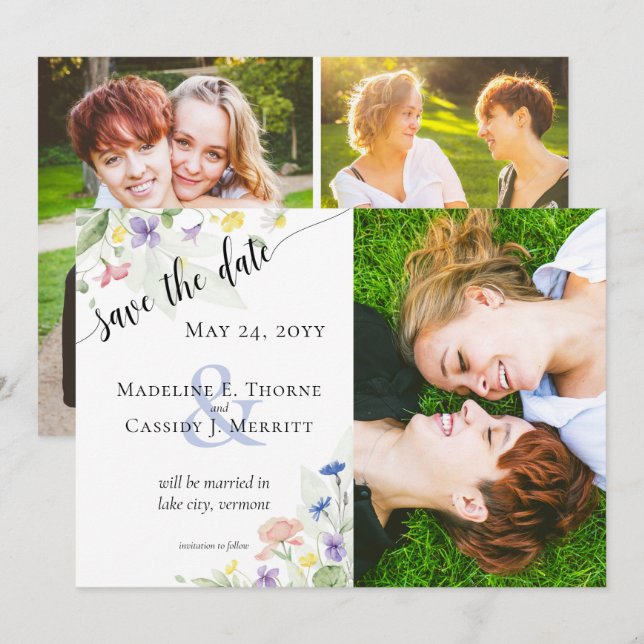Save the Date Aquarellfarben Wildblumen 4-Foto Einladung (Vorne/Hinten)