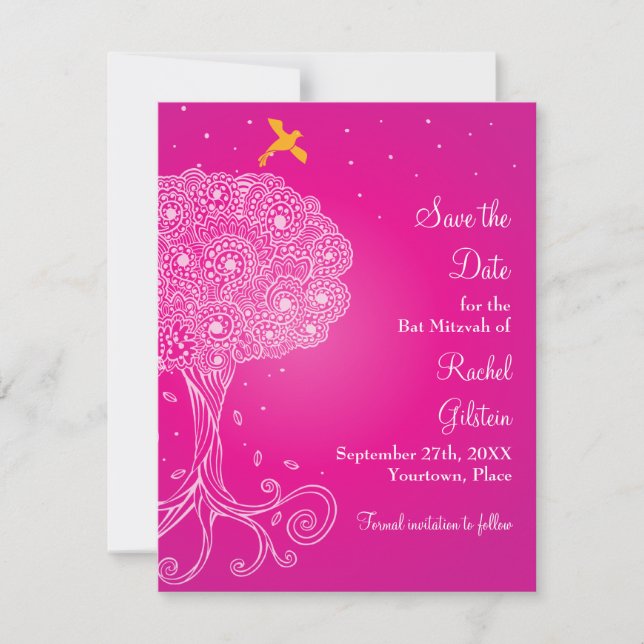 Save The Date Arbre de vie Bat mitzvah rose Enregistrer la date (Devant)