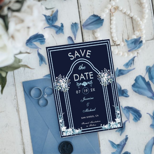 Save The Date Arc bleu clair moderne Floraux Marine Boho Mariage (Créateur téléchargé)