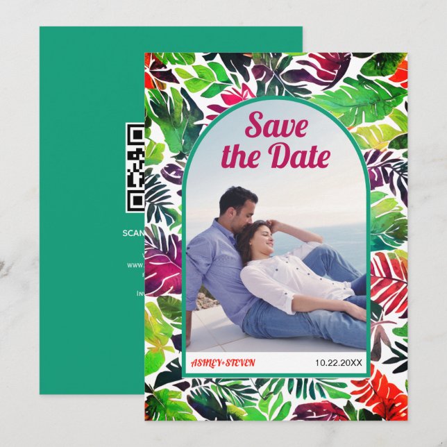 Save The Date Arc de sauce Maximaliste des feuilles tropicaux sa (Devant / Derrière)