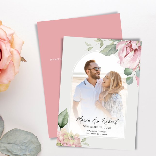 Save The Date Arc élégant Mariage rose pâle (With a scannable QR code on the back for your wedding website.)
