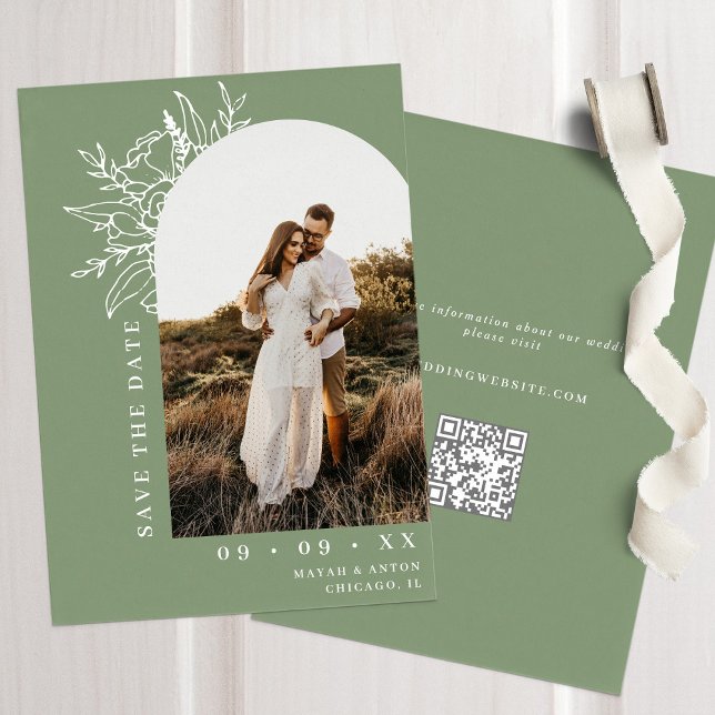 Save The Date Arc floral botanique Photo QR Code Sage Mariage (Créateur téléchargé)
