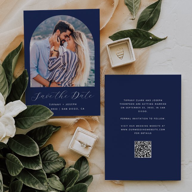 Save The Date Arc photo Boho minimal QR Code Marine Script bleu (Créateur téléchargé)