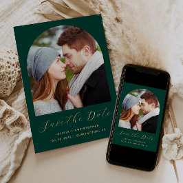 Save The Date Arc photo Boho minime Emerald Green Gold Script