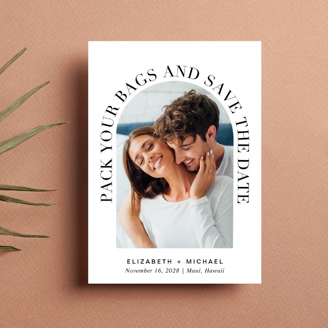 Save The Date Arc photo moderne QR Code Destination Mariage (Celebrate your love story with a  save the date showcasing your photo in an elegant arch frame)