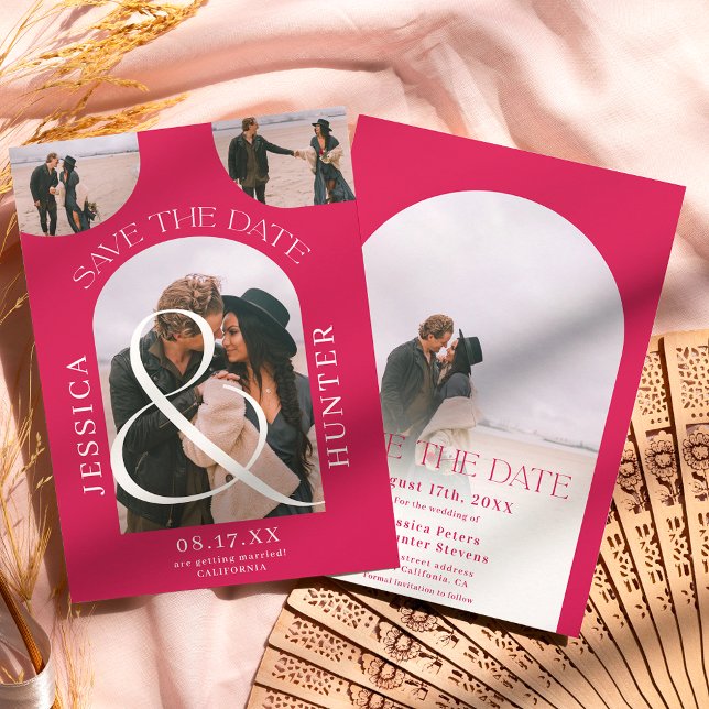 Save The Date Arche boho moderne 4 photos mariage magenta (Créateur téléchargé)
