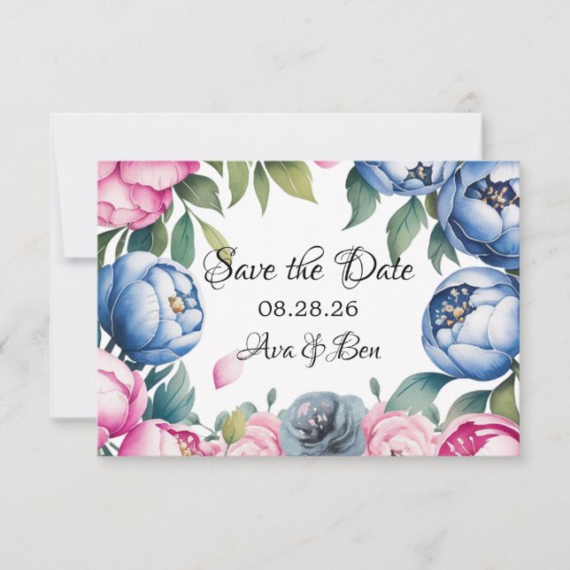 Save The Date Arche de mariage à l'aquarelle rose et bleue (Devant)