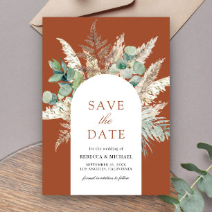 Save The Date Arche de mariage en eucalyptus terracotta des Pamp