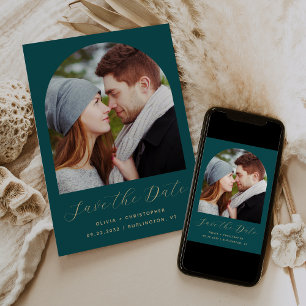 Save The Date Arche de photo Boho minimal Bleu sarcelle Or Scrip
