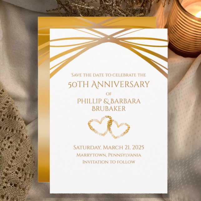 Save The Date Arche élégante dorée 50e anniversaire à sauver la  (Custom Unique Elegant Save the Date Card for Golden 50th Wedding Anniversary Party Hearts Invitation)